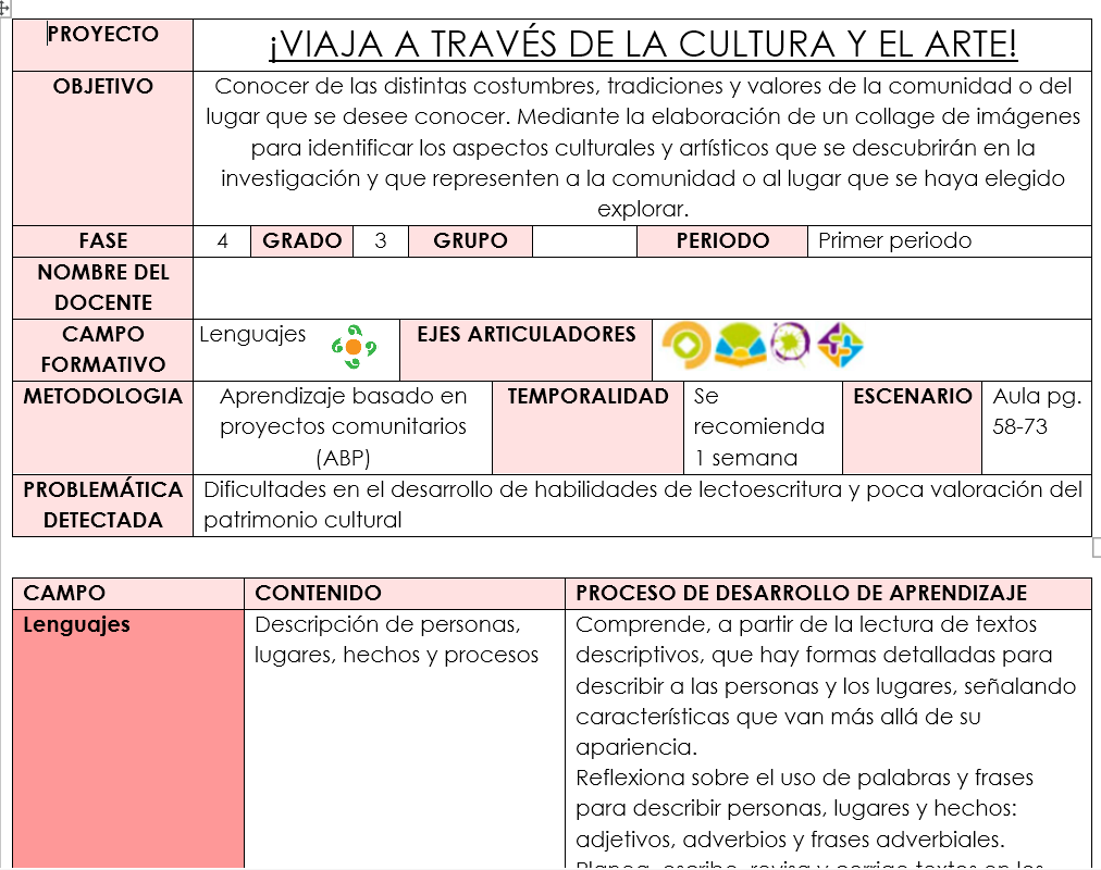 Planeación 3ro "Viaja a través de la cultura y el arte"